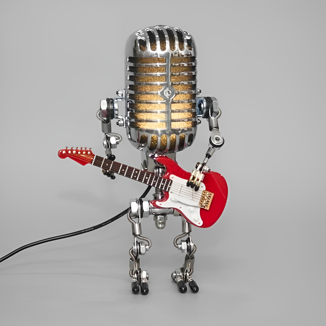TuneBot | Vintage Metallmikrofon Roboter mit Gitarrenlampe