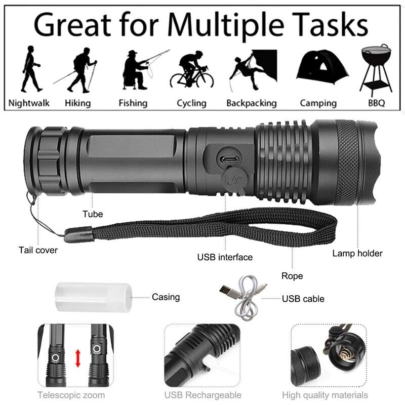 TorchMax | Super Helles LED-Taktik-Taschenlampe Wiederaufladbar 100000 Lumen