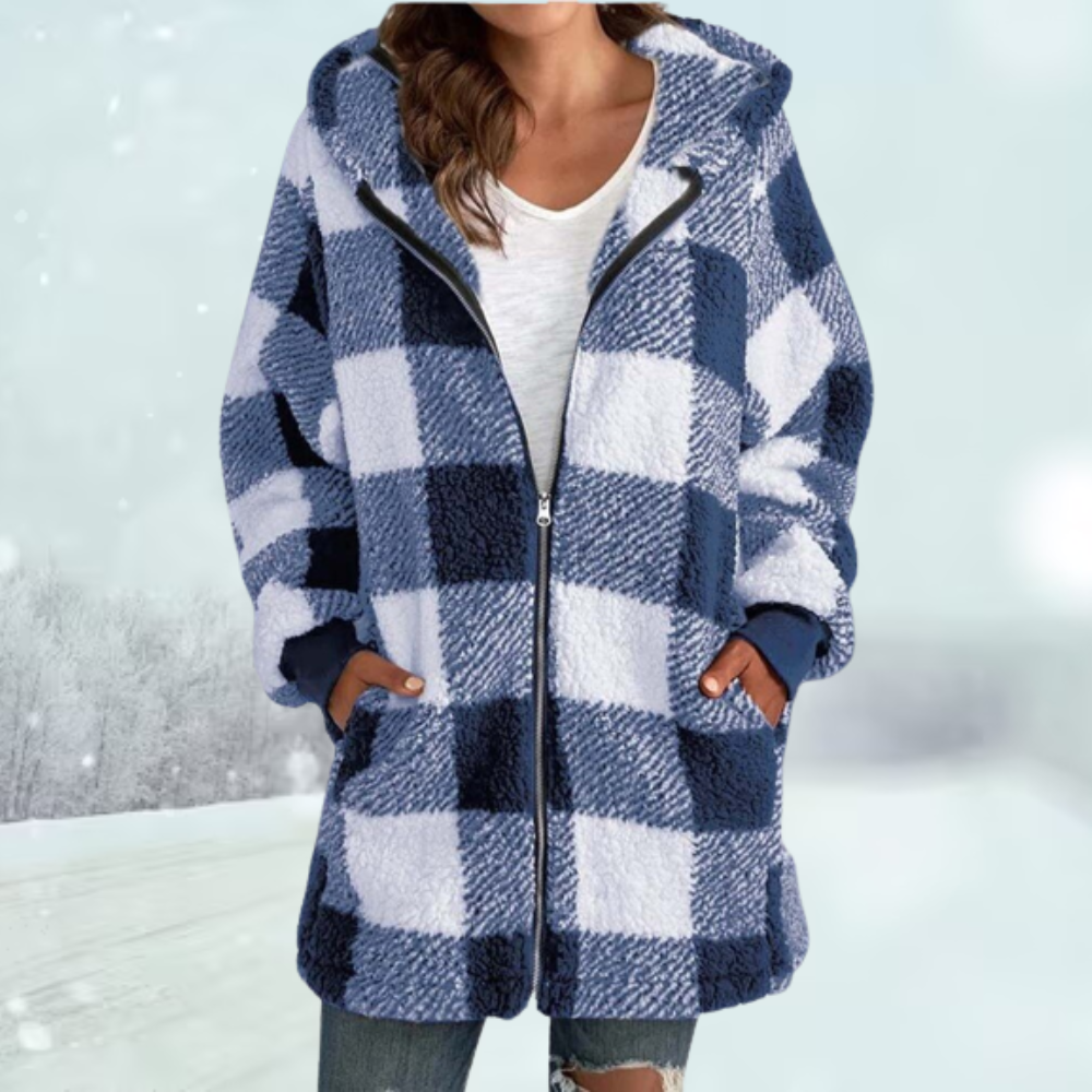 Tina | Karierte Winterjacke mit Kapuze Blau Decorique.de