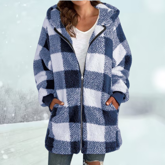 Tina | Karierte Winterjacke mit Kapuze Blau Decorique.de