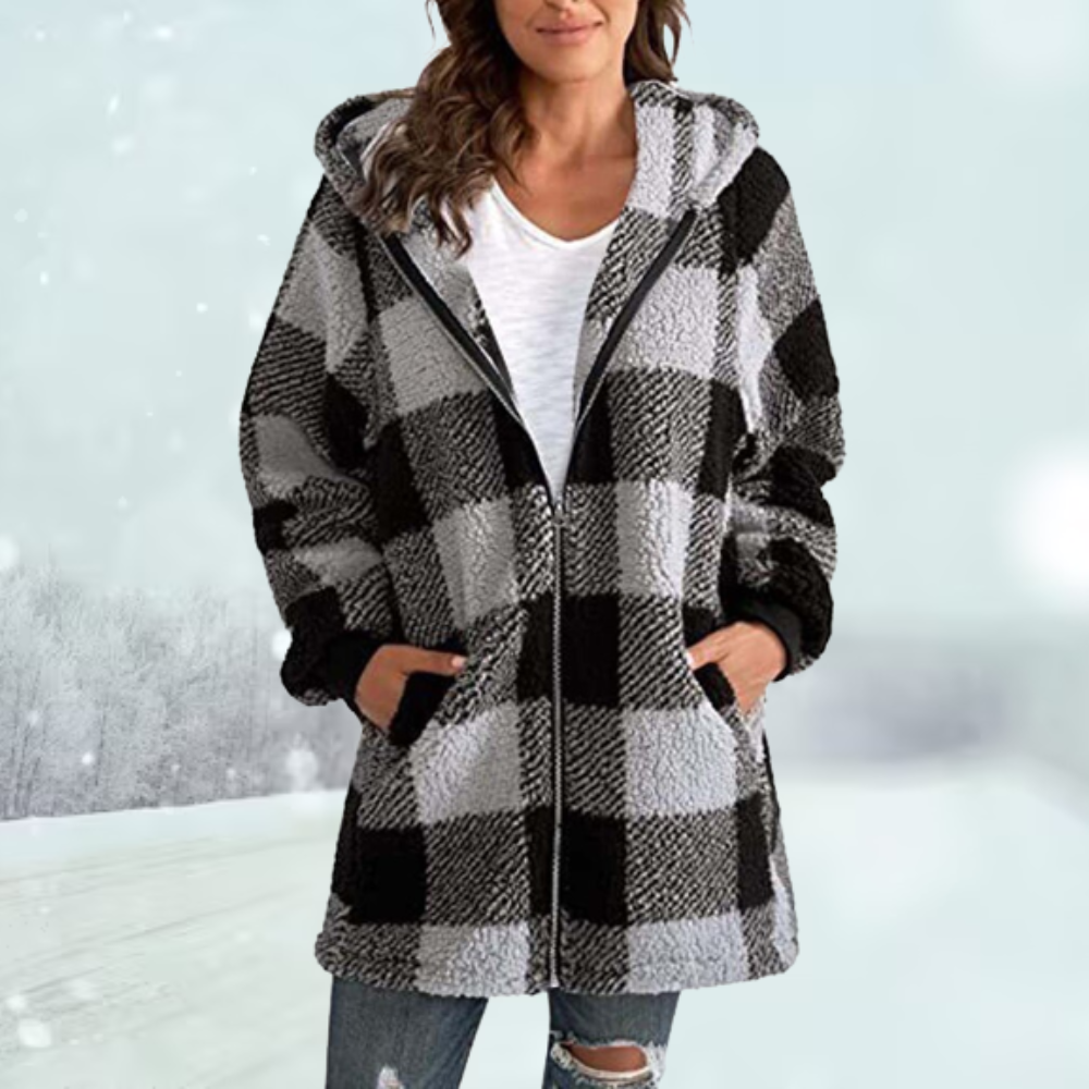 Tina | Karierte Winterjacke mit Kapuze Grau Decorique.de
