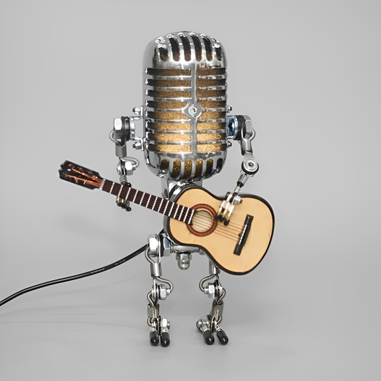 TuneBot | Vintage Metallmikrofon Roboter mit Gitarrenlampe Gelb | Klassische Gitarre Decorique.de