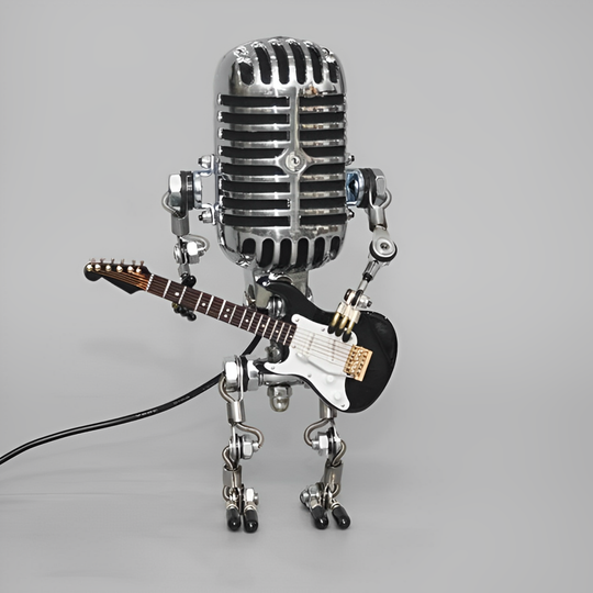 TuneBot | Vintage Metallmikrofon Roboter mit Gitarrenlampe Schwarz | 12-saitige Gitarre Decorique.de