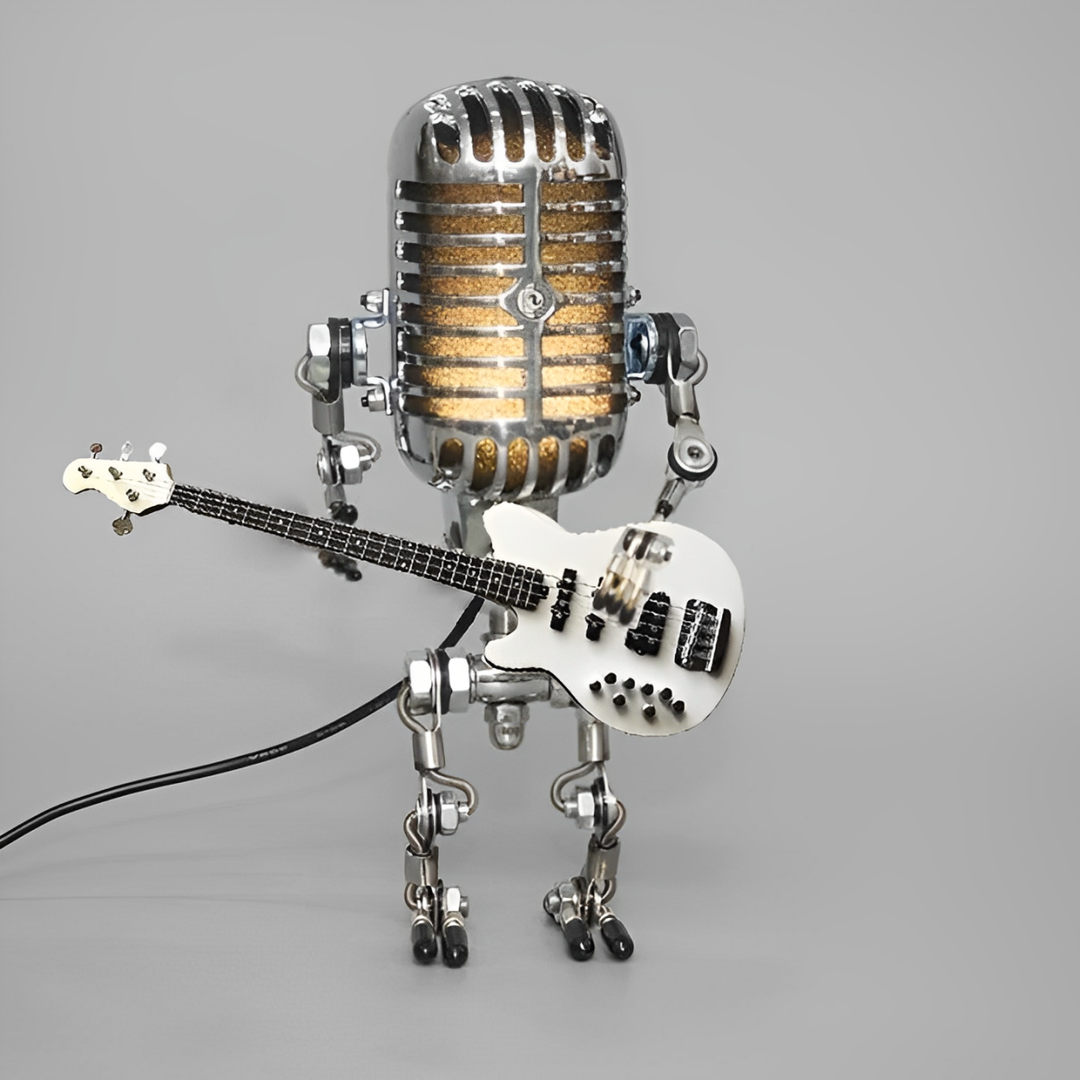 TuneBot | Vintage Metallmikrofon Roboter mit Gitarrenlampe Weiß | Bassgitarre Decorique.de