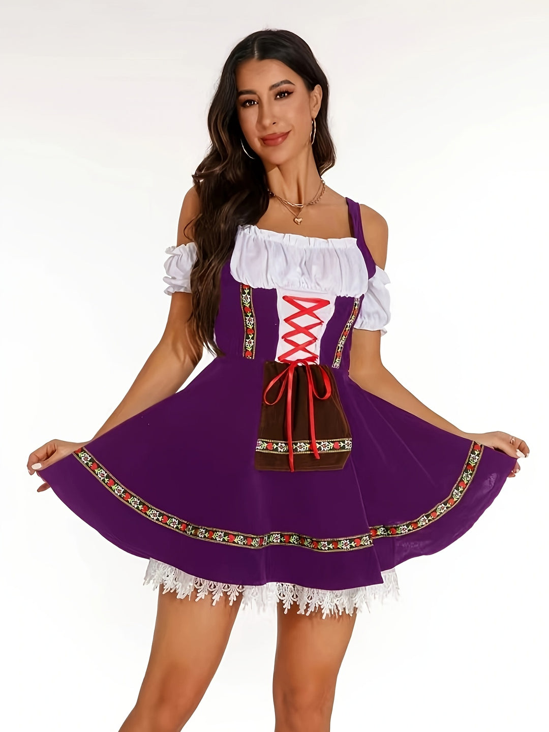 Veilchenblüte | Damen-Dirndlkleid – Lila Festkleid mit Blumenstickerei Gemischte Farbe Decorique.de