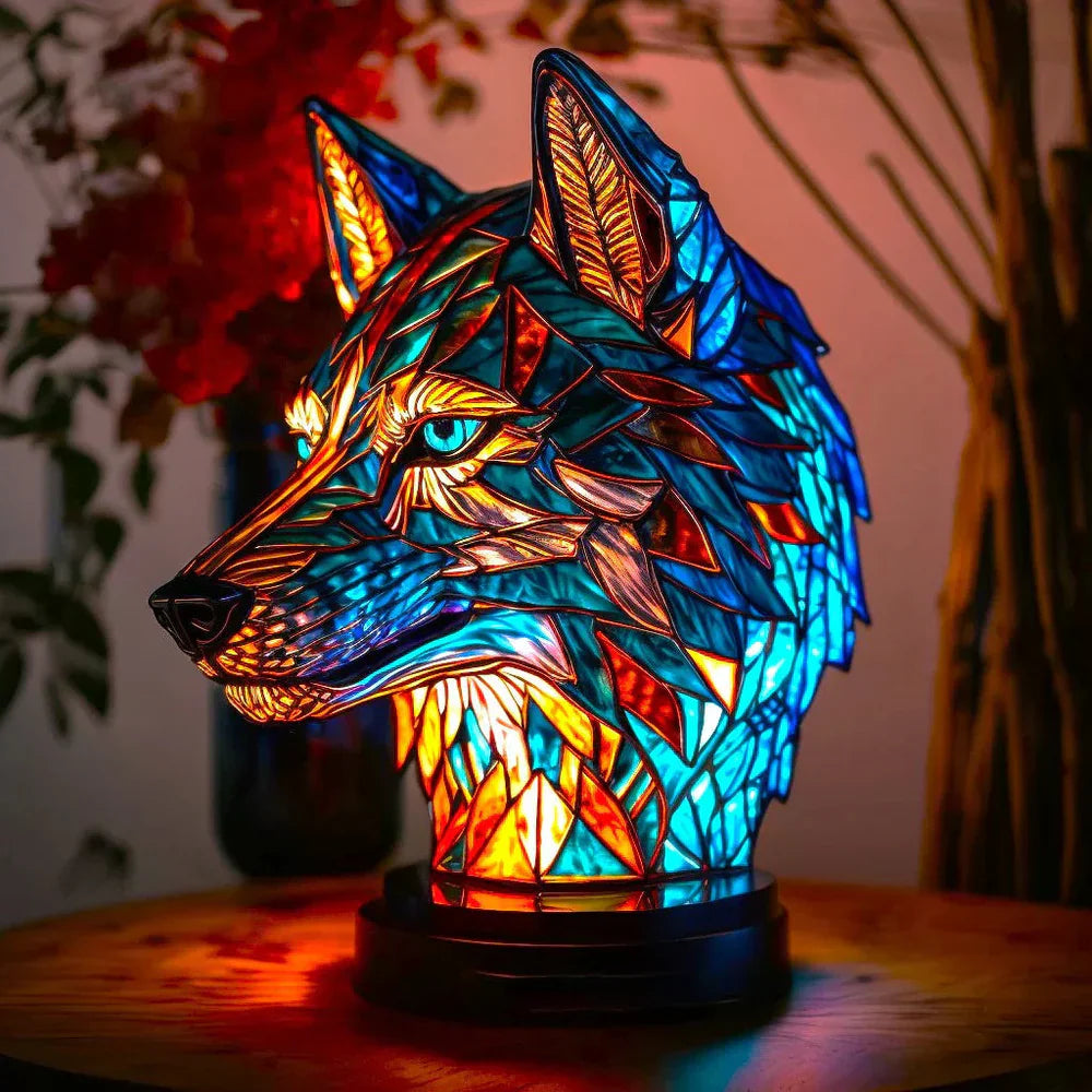 VitraGlow | Kunstlampe mit Tiermotiven aus Buntglas Wolf Decorique.de